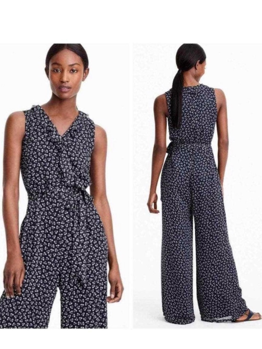 J.Crew Point Sur Sparkle Indigo Floral Jumpsuit Ruffle Wrap V Neck Tie Size 00
